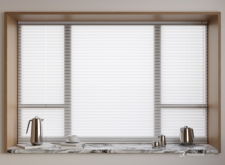 Window Blinds In Wooden Frame With Marble Windowsill Metal Kettle And Cups 3d model 