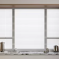 Window Blinds In Wooden Frame With Marble Windowsill Metal Kettle And Cups