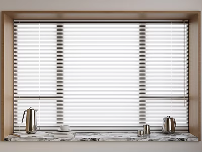 Window Blinds In Wooden Frame With Marble Windowsill Metal Kettle And Cups 3d model