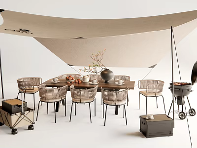 Outdoor Dining Table Setup With Woven Chairs Grill Sailcloth Shade And Decorative Branches 3d model