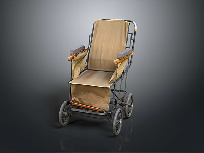 Vintage Wheelchair With Canvas Seat Wooden Armrests Metal Frame And Four Wheels 3d model