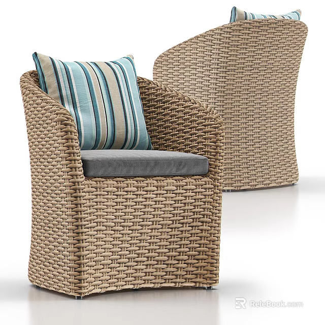 Stylish Wicker Outdoor Chair with Striped Back Cushion and Gray Seat Cushion 3d model 
