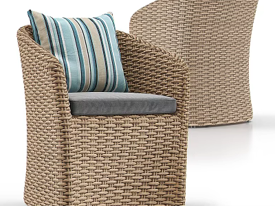 Stylish Wicker Outdoor Chair with Striped Back Cushion and Gray Seat Cushion 3d model
