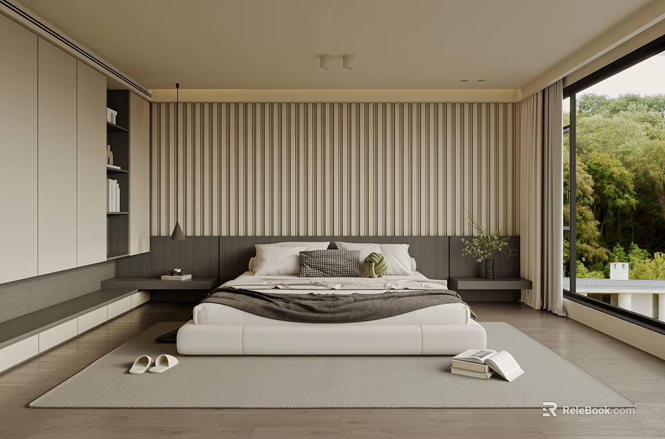 Modern Bedroom with Vertical Slat Wall Large Window Green View Grey Bed Linen Rug 3d model 