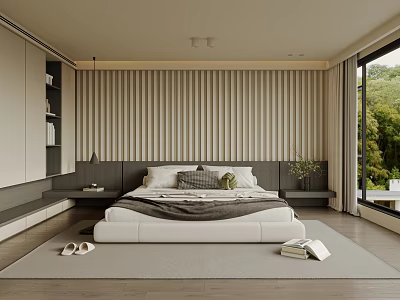 Modern Bedroom with Vertical Slat Wall Large Window Green View Grey Bed Linen Rug 3d model