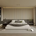 Modern Bedroom with Vertical Slat Wall Large Window Green View Grey Bed Linen Rug
