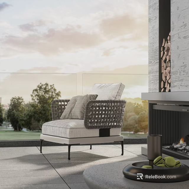 Single Sofa Outdoor Patio Woven Design with Cushions Near Fireplace Green Trees and Sky View 3d model 