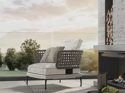Single Sofa Outdoor Patio Woven Design with Cushions Near Fireplace Green Trees and Sky View 3d model