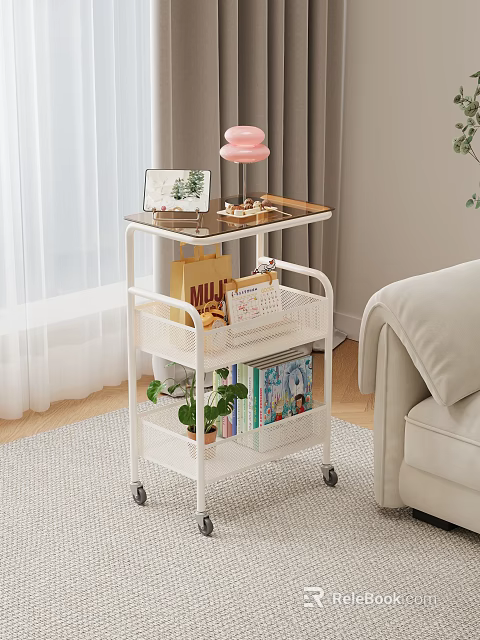 Warm Living Room With White Rolling Cart Tablet Desserts Pink Lamp Books And Green Plant 3d model 