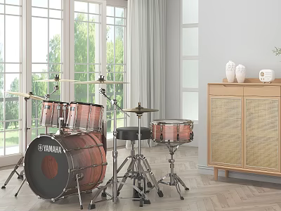 Natural Wooden Texture Acoustic Drum Set With Black Drumheads And Shiny Cymbals In Sunlit Room 3d model