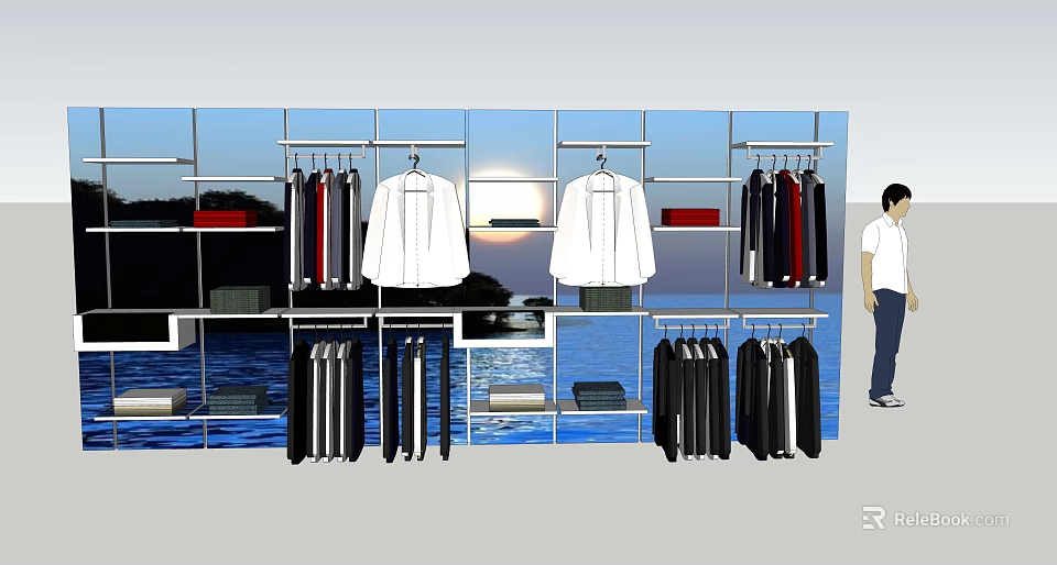 Modern Clothing Display Shelves With Hanging Garments And Window View Design 3d model 