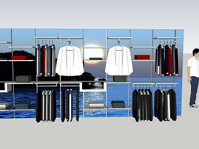 Modern Clothing Display Shelves With Hanging Garments And Window View Design 3d model