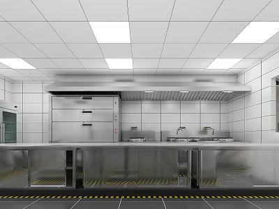 Commercial Kitchen Interior With Stainless Steel Worktables Sinks Vent Hoods And Tiled Walls 3d model