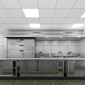 Commercial Kitchen Interior With Stainless Steel Worktables Sinks Vent Hoods And Tiled Walls