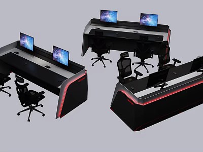 Modern Office Desk Setup With Dual Monitors Ergonomic Chairs And Red Accent Lights 3d model