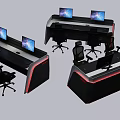 Modern Office Desk Setup With Dual Monitors Ergonomic Chairs And Red Accent Lights
