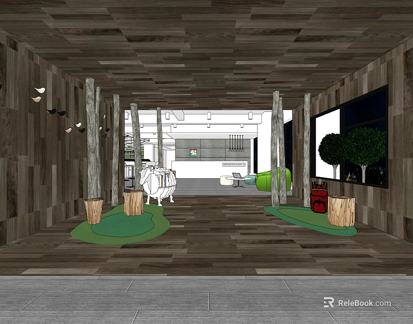 Front Desk Reception Area With Wooden Walls Ceiling Columns And Green Plants 3d model 