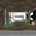 Front Desk Reception Area With Wooden Walls Ceiling Columns And Green Plants