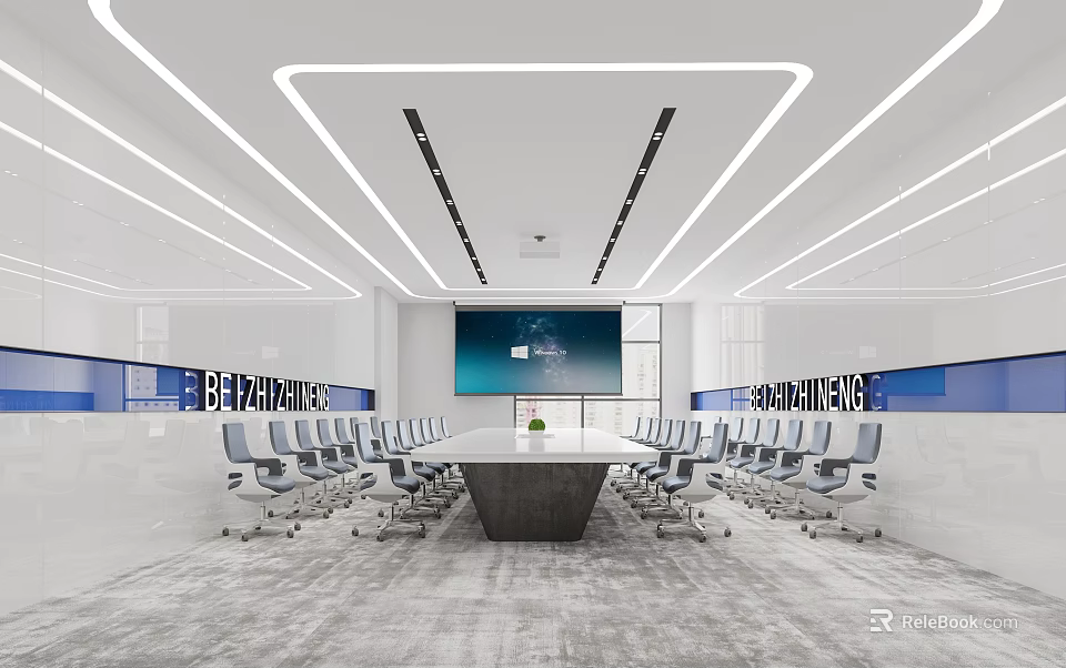 Modern Conference Room Interior With Long Table Chairs Large Screen And Blue Accent Walls 3d model 
