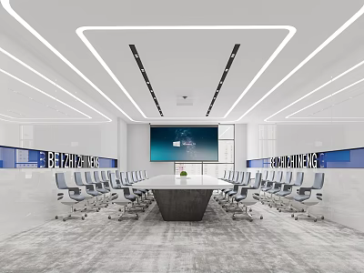 Modern Conference Room Interior With Long Table Chairs Large Screen And Blue Accent Walls 3d model