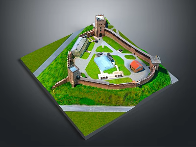 Architectural Model Of Historic Castle With Towers Enclosing Walls Green Lawns And Central Courtyard 3d model
