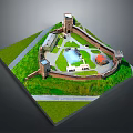 Architectural Model Of Historic Castle With Towers Enclosing Walls Green Lawns And Central Courtyard