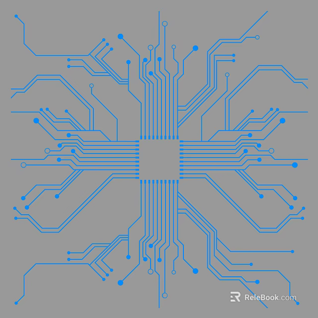 Blue Circuit Board Design Featuring Central Chip With Intricate Wiring And Connection Nodes 3d model 