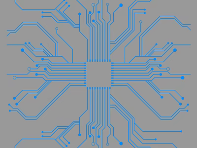 Blue Circuit Board Design Featuring Central Chip With Intricate Wiring And Connection Nodes 3d model