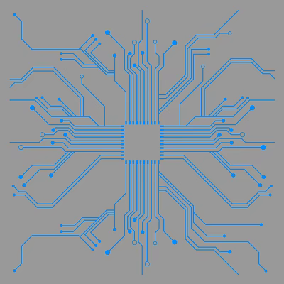 Blue Circuit Board Design Featuring Central Chip With Intricate Wiring And Connection Nodes 3d model