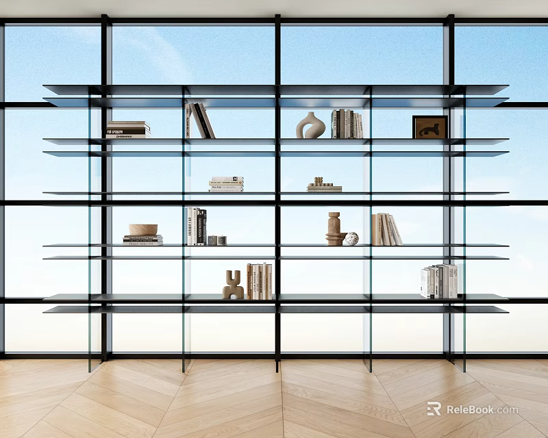 Modern Glass Bookshelf with Books and Decorative Items by Large Windows in Bright Room 3d model 