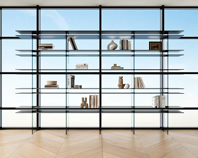 Modern Glass Bookshelf with Books and Decorative Items by Large Windows in Bright Room 3d model