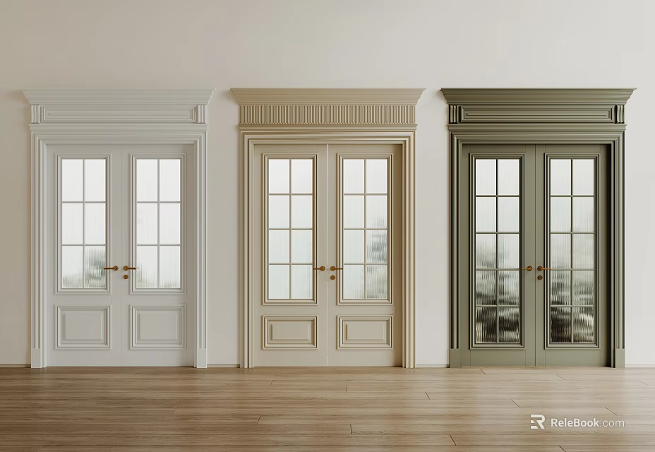 Double Doors In Three Colors With Glass Panes Decorative Frames Wooden Floor Light Walls 3d model 