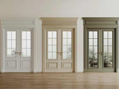Double Doors In Three Colors With Glass Panes Decorative Frames Wooden Floor Light Walls 3d model