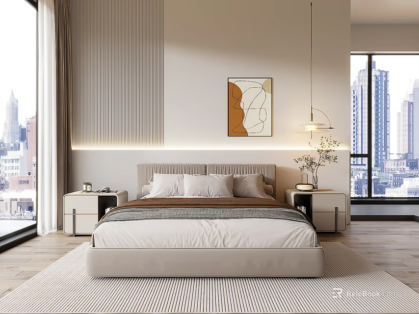Modern Double Bed in Elegant Bedroom with City View Pendant Light and Decorative Painting 3d model 