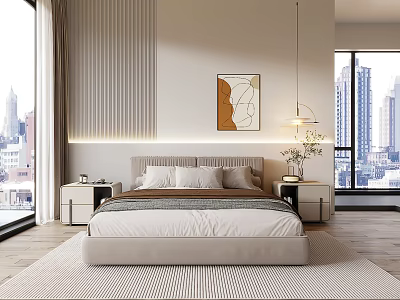 Modern Double Bed in Elegant Bedroom with City View Pendant Light and Decorative Painting 3d model