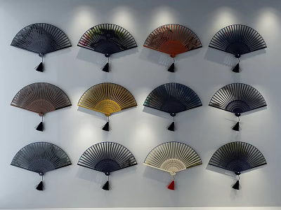 Colorful Decorative Fans with Tassels Arranged on White Wall with Lighting Decoration 3d model