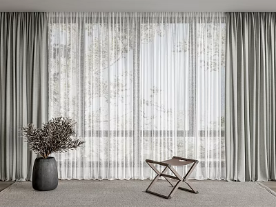 Gray Sheer And Thick Curtains With Tree Shadows In Interior With Vase And Small Table 3d model