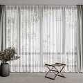 Gray Sheer And Thick Curtains With Tree Shadows In Interior With Vase And Small Table