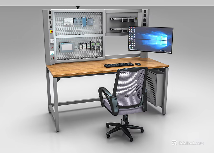 Industrial Work Desk with Wooden Surface Equipment Rack Monitor Keyboard Mouse and Office Chair 3d model 