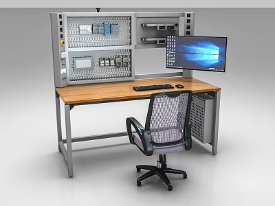 Industrial Work Desk with Wooden Surface Equipment Rack Monitor Keyboard Mouse and Office Chair 3d model