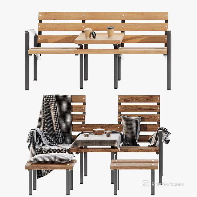 Wooden Outdoor Chairs With Metal Frame Small Table Checkered Cushions And Blanket 3d model 