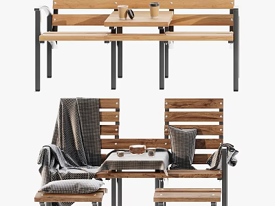 Wooden Outdoor Chairs With Metal Frame Small Table Checkered Cushions And Blanket 3d model