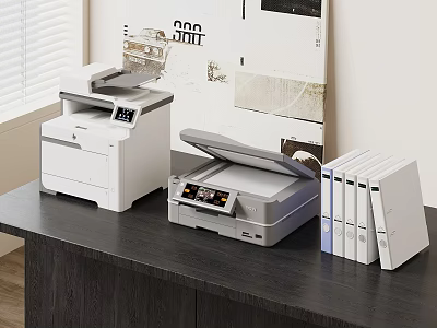 Office Workspace Setup With Multifunction Printer Scanner And File Folders On Dark Desk 3d model