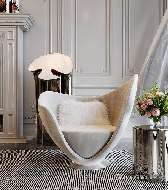 Modern Leisure Chair With Plush Cushion And Elegant Lamp In Luxury Interior 3d model 