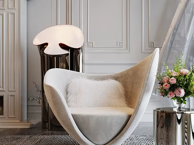 Modern Leisure Chair With Plush Cushion And Elegant Lamp In Luxury Interior 3d model