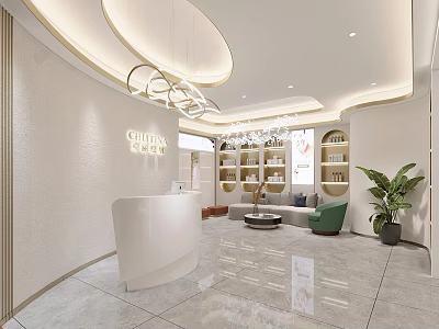 Elegant Modern Beauty Salon Interior With Reception Desk Chandelier Sofa Green Plants And Shelves 3d model