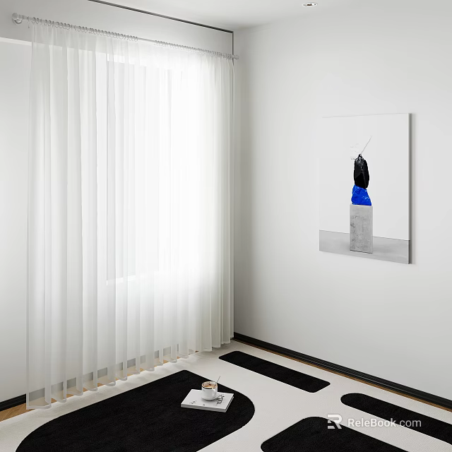 White Sheer Curtains For Window In Modern Room With Bright Light And Artwork 3d model 
