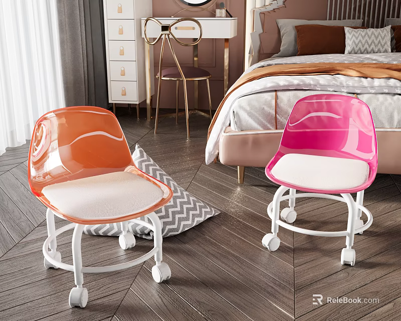 Orange and Pink Transparent Leisure Chairs with White Cushions and Wheels in Bedroom 3d model 