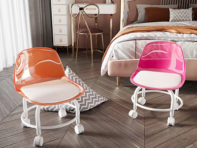 Orange and Pink Transparent Leisure Chairs with White Cushions and Wheels in Bedroom 3d model