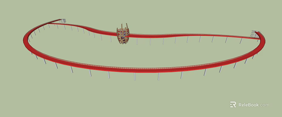 Red Curved Roller Coaster Track With Wooden Cart And Support Structures 3d model 